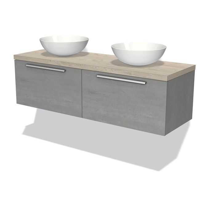 Maxaro Badkamermeubel Modulo Plato 140cm Lichtgrijs Beton 2 Lades Vlak Lichtgrijs Eiken Blad