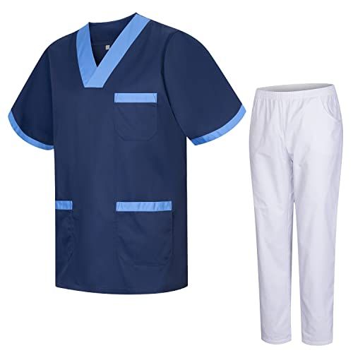 MISEMIYA - Gezondheidsuniform unisex medische gezondheiduniformen met witte broek 817-8312-wit, blauw 8171-8, XXL