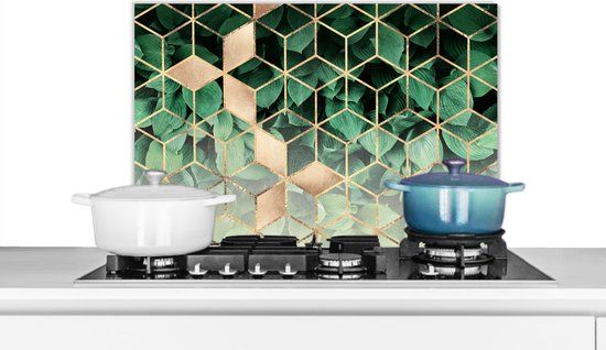 KitchenYeah Spatscherm keuken - Bladeren - Goud - Kubus - Natuur - Patroon - Keuken - 60x40 cm - Aluminium