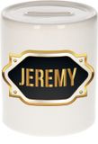 Bellatio Decorations Shoppartners Bv Spaarpot met voornaam Jeremy - wit - met goud/zwart embleem - 8 x 9 cm - keramiek - met afsluitdop - cadeau verjaardag