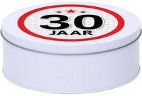 Merkloos Snoeptrommel - koektrommel Cadeau - wit - rond blik - met 30 jaar sticker - Cadeauverpakking - verjaardag