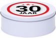 Merkloos Snoeptrommel - koektrommel Cadeau - wit - rond blik - met 30 jaar sticker - Cadeauverpakking - verjaardag
