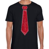 Bellatio Decorations Verkleed shirt heren - stropdas glitter rood - zwart - carnaval - foute party S