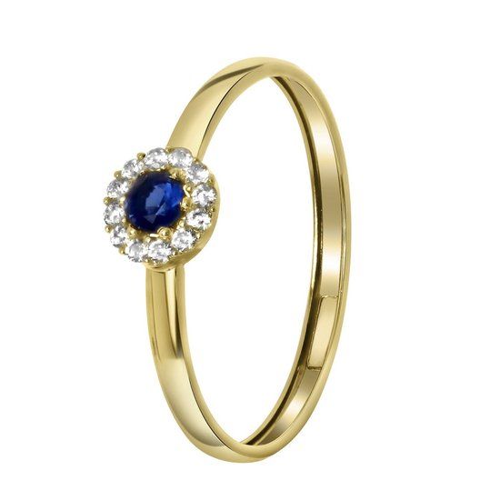 Lucardi Dames ring met wit&blauwe zirkonia - 14 Karaat Goud - Geelgoud - Maat 53