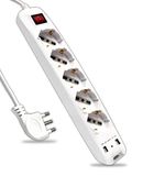 V-TAC Stekkerdoos met schakelaar en 1,5 m kabel - 5 stopcontacten 10/16 A bipasso + Schuko + 2 USB-stopcontacten - met 16 A stopcontact - stopcontact voor thuis, kantoor, winkel - kleur