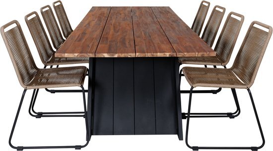 Doory tuinmeubelset tafel 100x250cm en 8 stoel stapelL Lindos zwart, naturel.