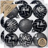 Inge-glas Inge's Christmas Decor Gmbh 18x stuks gedecoreerde kunststof kerstballen zwart 6 cm