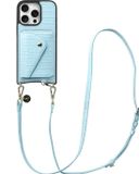 AVY Leren Hoesje geschikt voor Apple iPhone 16 Pro | Met Koord en Kaarthouder | Compatibel met MagSafe | Leather Case met Crossbody Koord & Wallet | Long Leather | Croco Blauw