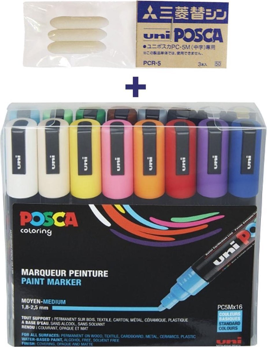 Posca PC-5M Marker set – 16 stuks + 3 vervangbare tips