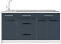 Vicco Keukenblok Fame-Line, Donkerblauw hoogglans/Wit, 150 cm, WB Marmer