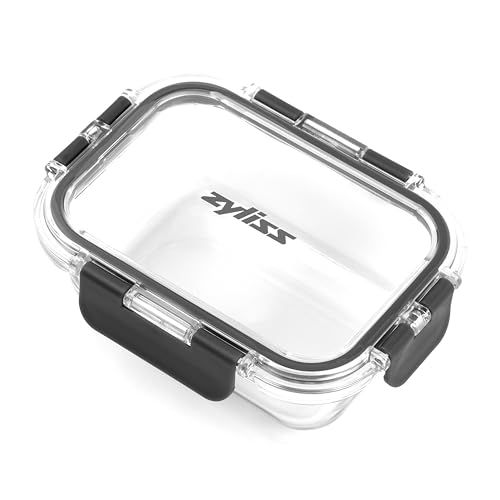 Zyliss 370 ml glazen container, onbreekbaar glas, luchtdichte voedselopbergdoos met afsluitbaar deksel, magnetronbestendig, BPA-vrij, vriezerbestendig, koelkastopslag, voedselcontainer, 16 cm x 12 cm