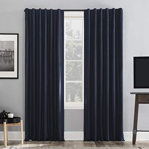 Sun Zero Greyson Faux Dupioni Silk Thermal Extreme Blackout Back Tab Curtain Panel, 50" x 84", Navy