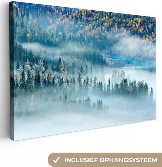 OneMillionCanvasses Canvas Schilderij - Bos Wolken Bergen Natuur - 180x120 cm - Muurdecoratie