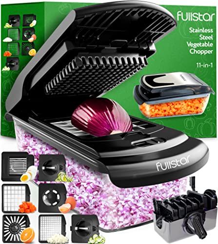 Multifunctionele groentesnijder, handmatige groentesnijder en groentesnijder, kubus, ui, wortel, komkommer, tomaten, fruit, keukenaccessoires (7-in-1 roestvrij staal, zwart)