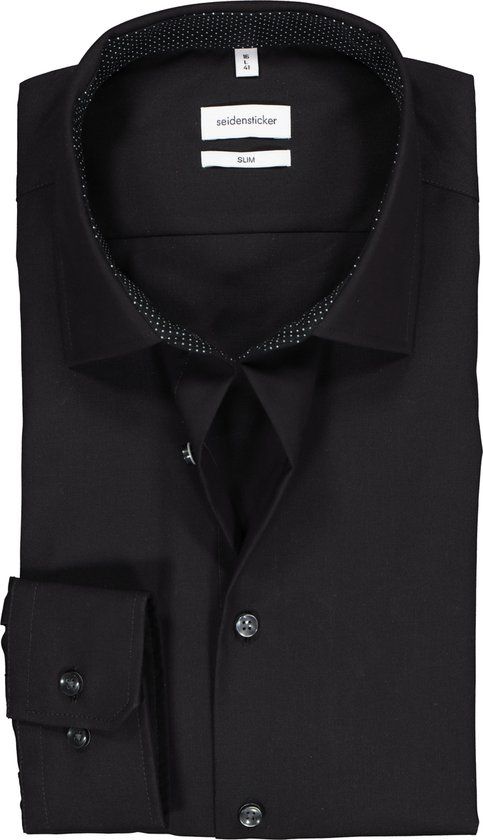 Seidensticker Slim Fit Overhemd Zwart (Gestipt Contrast) - Maat 39 - Strijkvrij - Heren