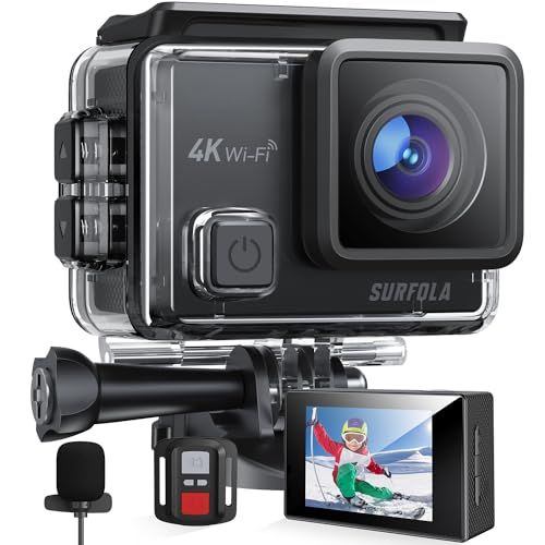 Surfola Action Camera 4K WiFi 30FPS 20MP Waterdichte Onderwater met Afstandsbediening Externe Microfoon en 2 Batterijen Motorhelm voor Snorkelen Fietsen en Vlog