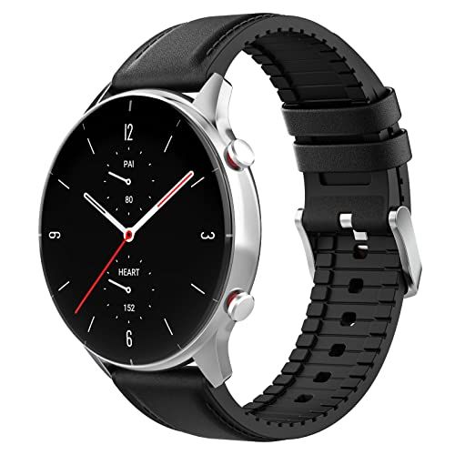 MoKo Strap Compatible with Amazfit GTR 4/GTR 3 Pro/GTR 3/GTR 2/GTR 2e/GTR 47mm/Stratos 3/Stratos 2, 22mm Hybrid Leather Silicone Replacement Sport Watch Band, Black