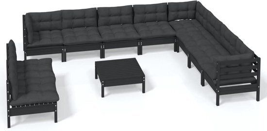 vidaXL 11-delige Loungeset met kussens massief grenenhout zwart