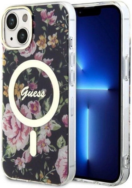 Guess Flower Back Case for iPhone 14 Plus - Black