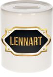 Bellatio Decorations Shoppartners Bv Spaarpot met voornaam Lennart - wit - met goud/zwart embleem - 8 x 9 cm - keramiek - met afsluitdop - cadeau verjaardag