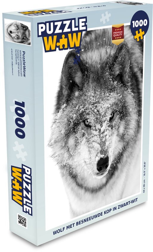 MuchoWow Puzzel Wolf met besneeuwde kop in zwart-wit - Legpuzzel - Puzzel 1000 stukjes volwassenen