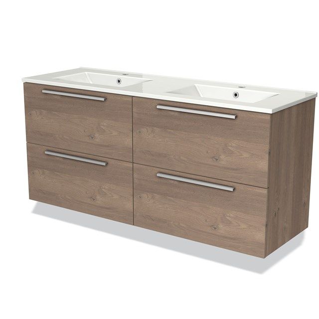 Maxaro Badkamermeubel 140 cm Modulo Middenbruin Eiken 4 Lades Vlak Wastafel Keramiek