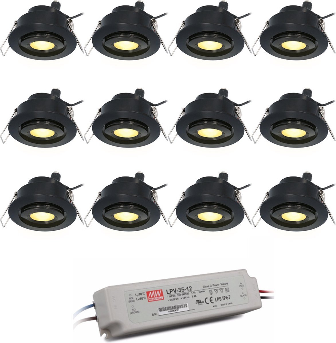 HOFTRONIC Set van 12 Sienna - LED Inbouwspot voor veranda, overkapping en badkamer - Zwart - 12 volt - Kantelbaar - 3 Watt 200 lumen - Zaagmaat: Ø 44 mm - extra plat 30mm - 2700K Warm wit - IP44 waterdicht