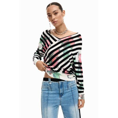 Desigual gestreepte gebloemde off shoulder trui zwart