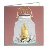 Afie 23045 vierkante kaart "Happy Year", beste wensen, kaars goud glanzend, lantaarn, windlicht, bloem, bessen, dennenboom, kerstfeest, met witte envelop