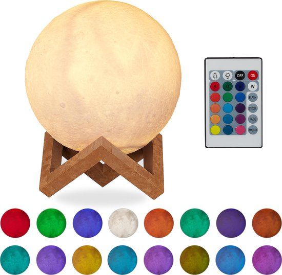 Relaxdays Maanlamp op Standaard - 3D - 16 Kleuren - Draadloos - 15 cm - Afstandsbediening
