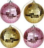 Othmar Decorations Kerstballen disco - 4x st - goud en roze - 10 cm - kunststof - spiegel kerstballen