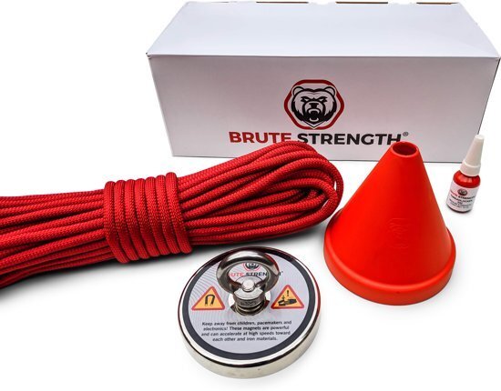 Brute Strength Vismagneet set met touw - schroefdraadborgmiddel - beschermkap - 350 kg - Starterspakket - Magneetvissen - Vismagneet neodymium - Onderwater vissen - Magneet vissen touw - 20 meter - Rood