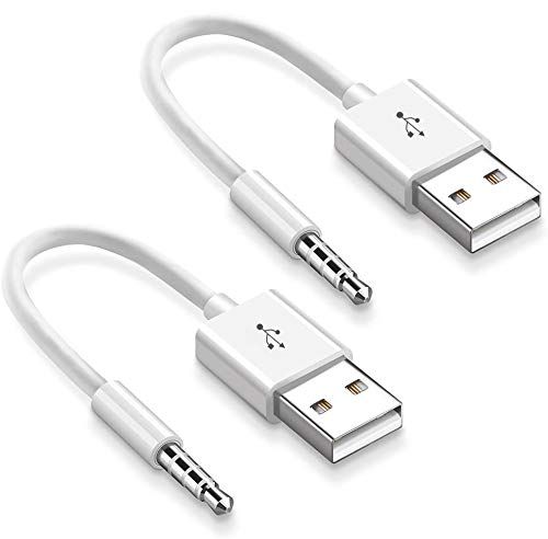 iMangoo iPod Shuffle oplaadkabel, 2 stuks 3,5 mm audio jack naar USB laad- en datakabel USB-kabel compatibel met iPod Shuffle 3 4 5 6 7 MP3-speler wit