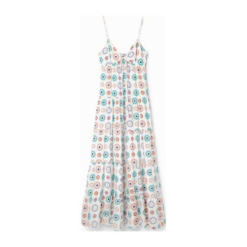Desigual Maxi A-lijn Jurk - Wit/Blauw/Oranje - All Over Print