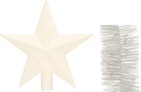 Decoris Kerstversiering kunststof glitter ster piek 19 cm en folieslingers pakket winter wit van 3x stuks - Kerstboomversiering