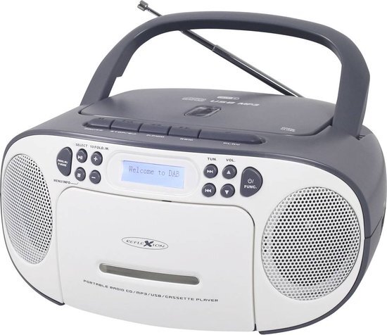 Reflexion CD-speler met cassette en DAB-radio voor net- en batterijvoeding (PLL FM-radio, DAB+, LCD-display, AUX-ingang, hoofdtelefoonaansluiting), wit/grijs