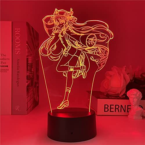 YFDC Genshin Impact Nachtlampje 3D Illusie Lamp Hot Game Light voor Slaapkamer Decor LED Licht Sfeer Nachtlampje Nachtlampje Kids Gift (6295 Hu Tao, 7 Kleuren geen Afstand)