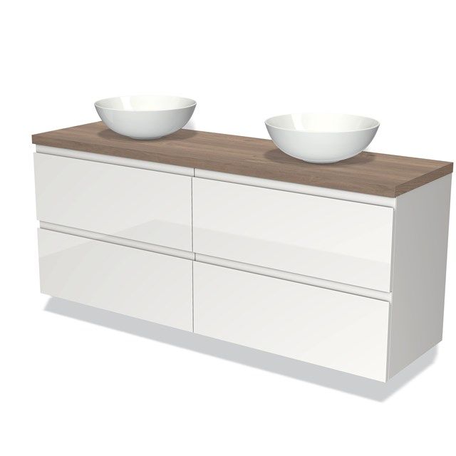 Maxaro Badkamermeubel Modulo Plato 160cm Hoogglans Wit 4 Lades Greeploos Middenbruin Eiken Blad