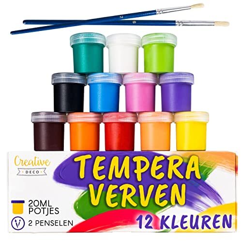 Creative Deco Kinderen Tempera Poster Verf Set | 20 ml x 12 potjes | Kinderen Peuters Wasbare Verf | Basis Levendige Intense Kleuren | Veilig en Niet-Giftig | Extra Dekking en Matte Finish