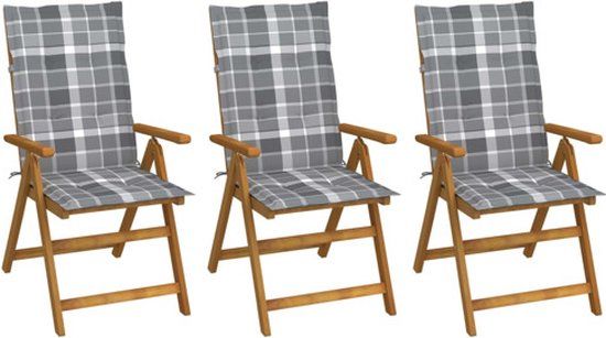 vidaXL Set van 3 klapstoelen met kussens, massief acaciahout, grijs ruitpatroon