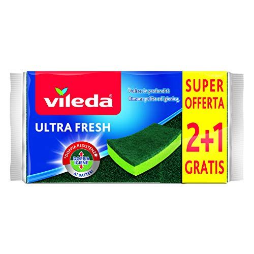 Vileda Ultra Fresh schuurspons, absorberend, krasbestendig, met vezeldeel, antibacterieel, formaat 2+1, groen