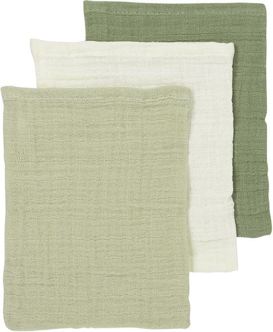 Meyco Baby Uni Washandjes - 3 Stuks - Pre-Washed Hydrofiel - Naturel/Soft Olive/Olive Green