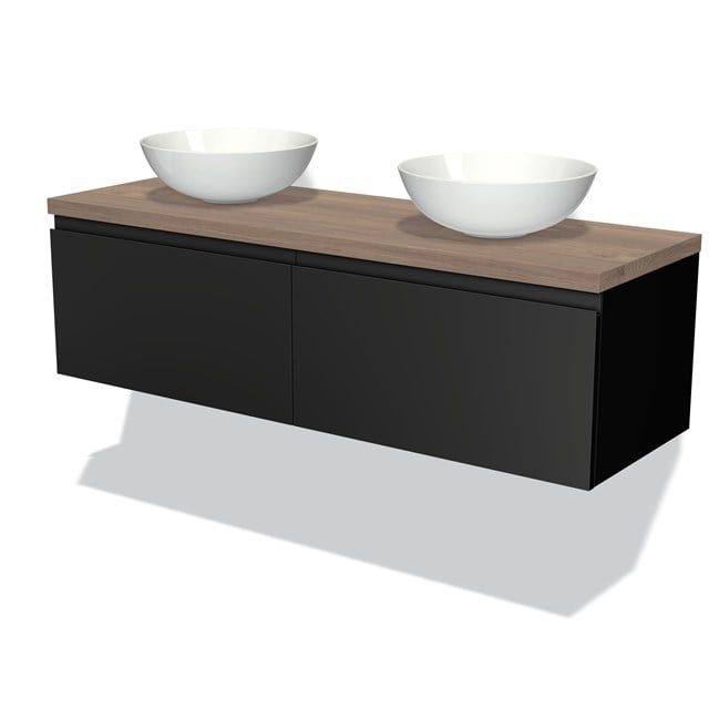 Maxaro Badkamermeubel Modulo Plato 140cm Mat Zwart 2 Lades Greeploos Middenbruin Eiken