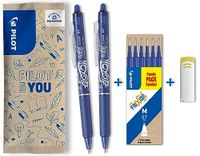 PILOT - Set van 2 FriXion Ball Clicker 07 + 1 set van 6 vullingen + 1 gum - Uitwisbare pen met warmtegevoelige inkt - Intrekbare en navulbare rollerbalpen - Blauw - Medium punt