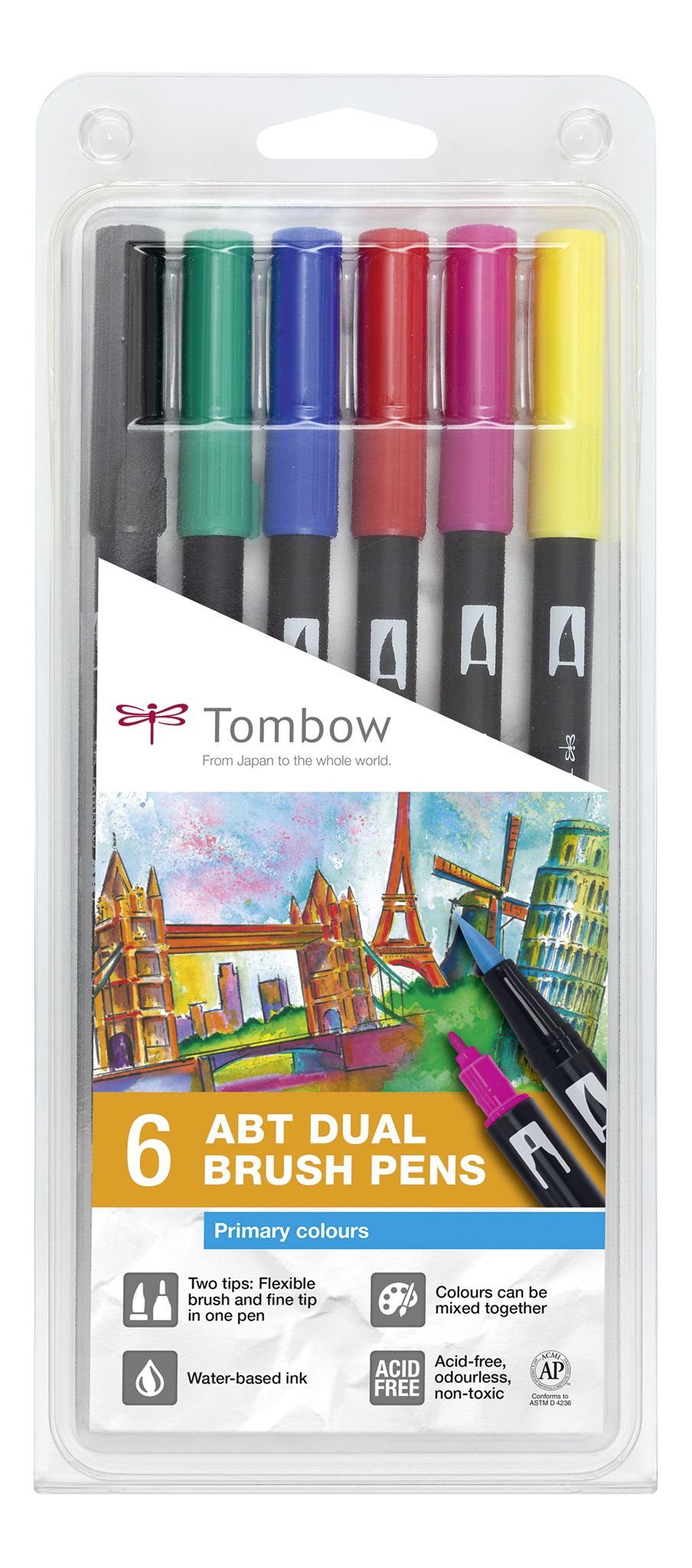 Tombow ABT Dual Brush Pen Set - 6 Colors - Blister Pack