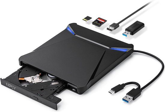 UPLY Externe DVD/CD Speler & Brander - Windows/Mac - USB-C/3.0 - Ingebouwde SD/TF-kaartlezer - voor Laptop