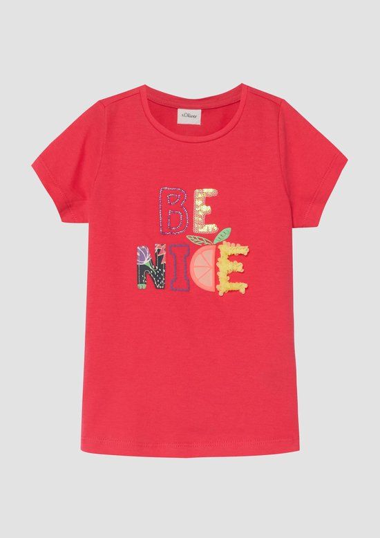 s.Oliver T-shirt met pailletten rood Meisjes Katoen Ronde hals Tekst - maat 140