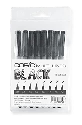 Copic Multiliner Set zwart, 8 stiften in 8 verschillende lijndiktes met waterdichte pigmentinkt, veegvast en uv-bestendig, voor schetsen en illustraties