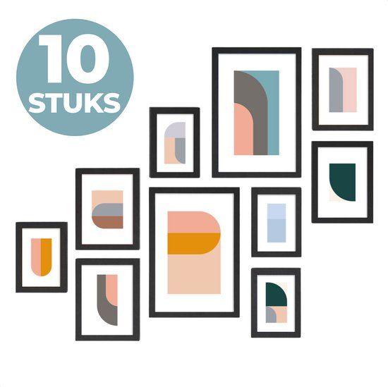 ACAZA Fotowand met 10 Zwarte Fotolijsten - Collage - Verschillende Formaten - MDF - 110x55 cm