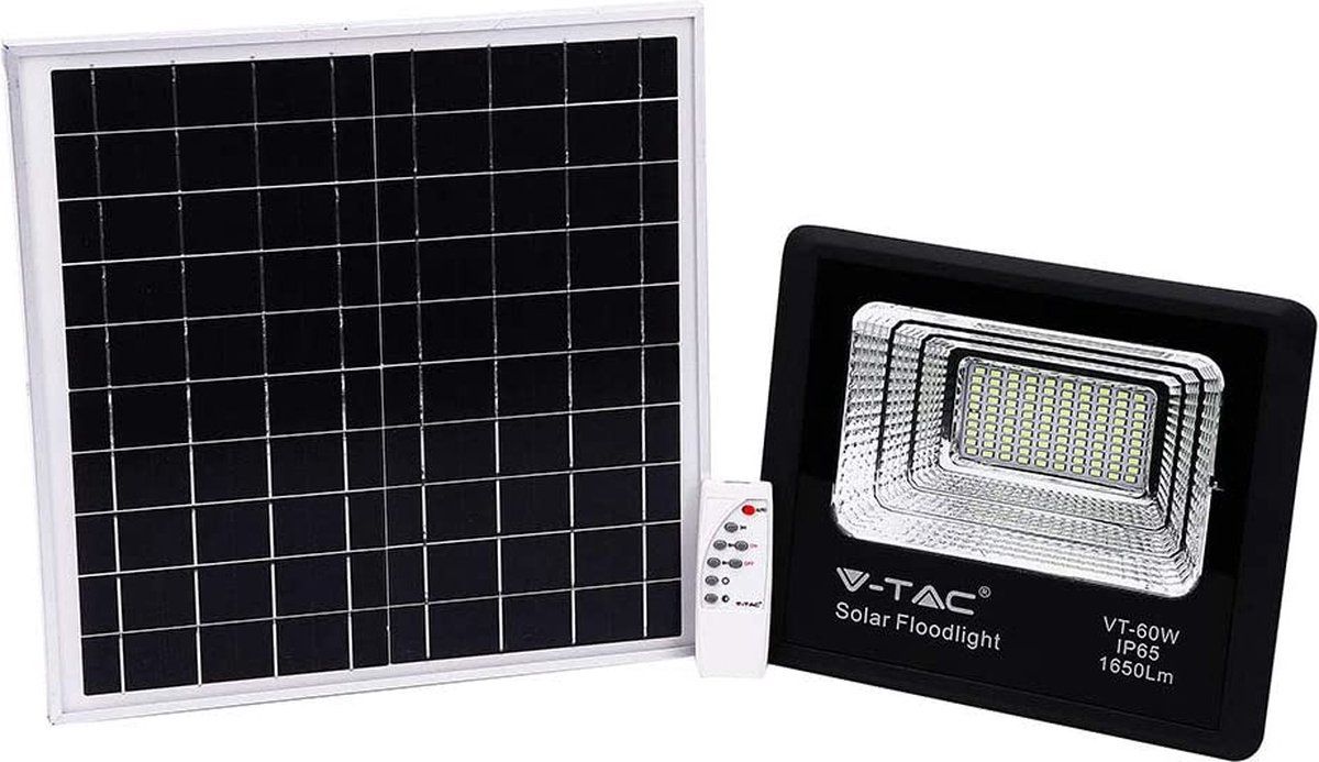 V-TAC VT-60W Solar Schijnwerper - 20W - Zwart - 1650 Lumen - 6000K